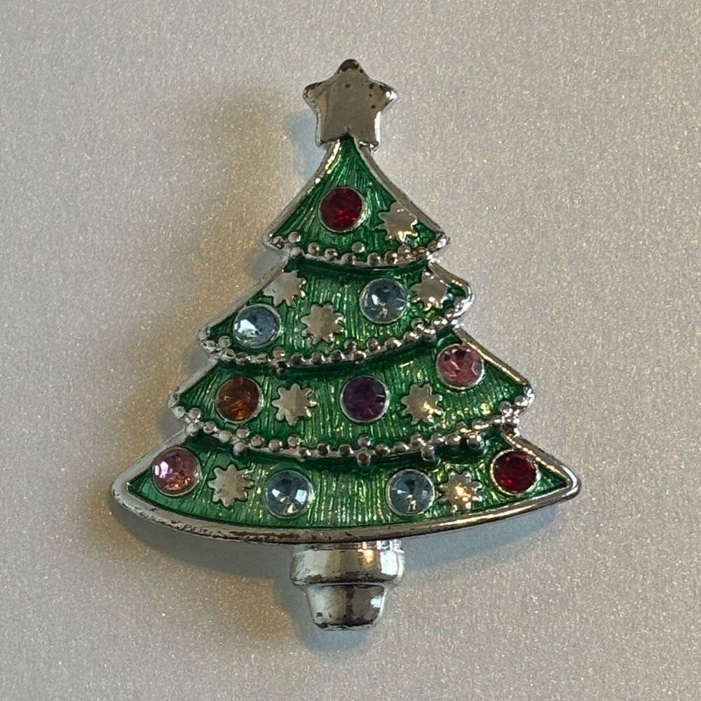Vintage Christmas Tree Brooch Silver Tone With Green Enamel and Rhinestone Gems
